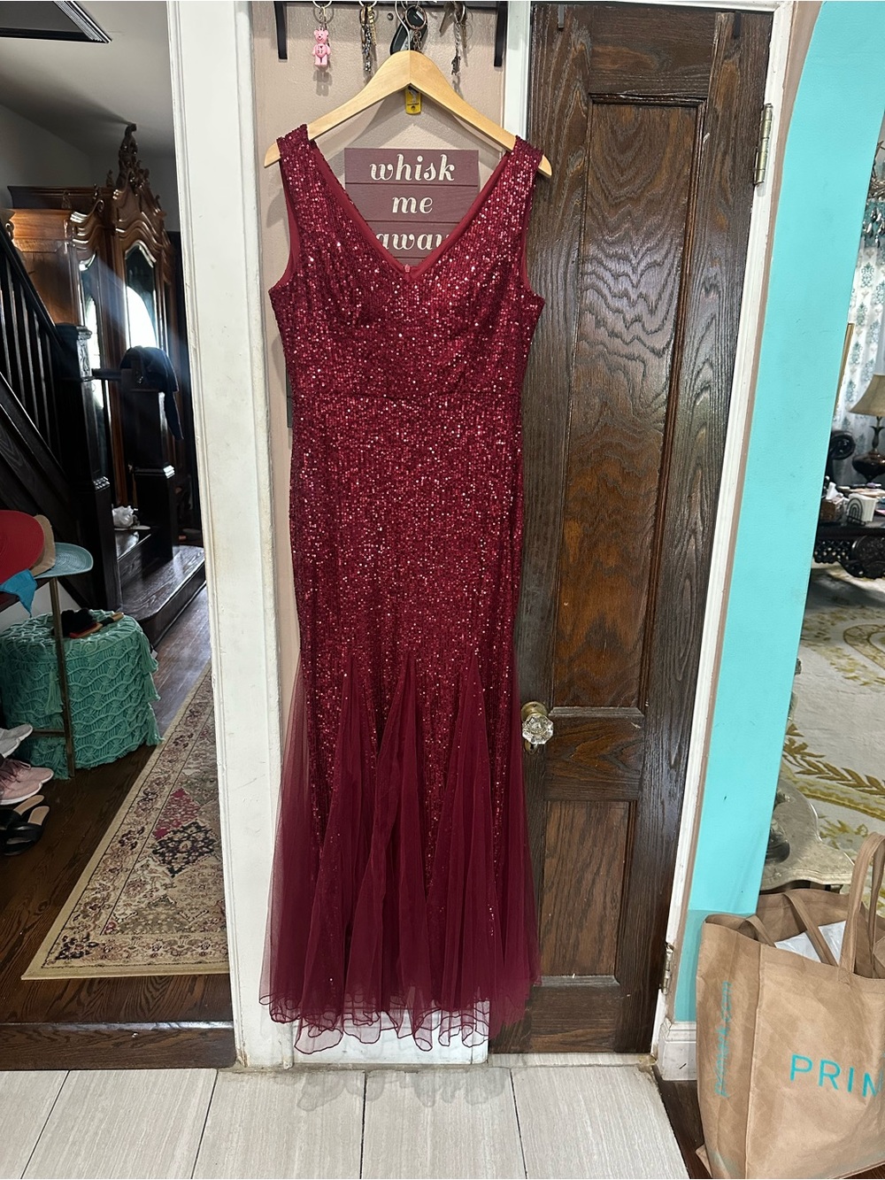 Sparkling Burgundy V-Neck Sequin Gown